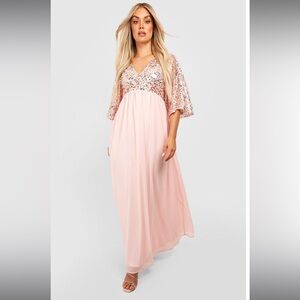 Boohoo sequin chiffon pink maxi dress size US 16 UK 20
